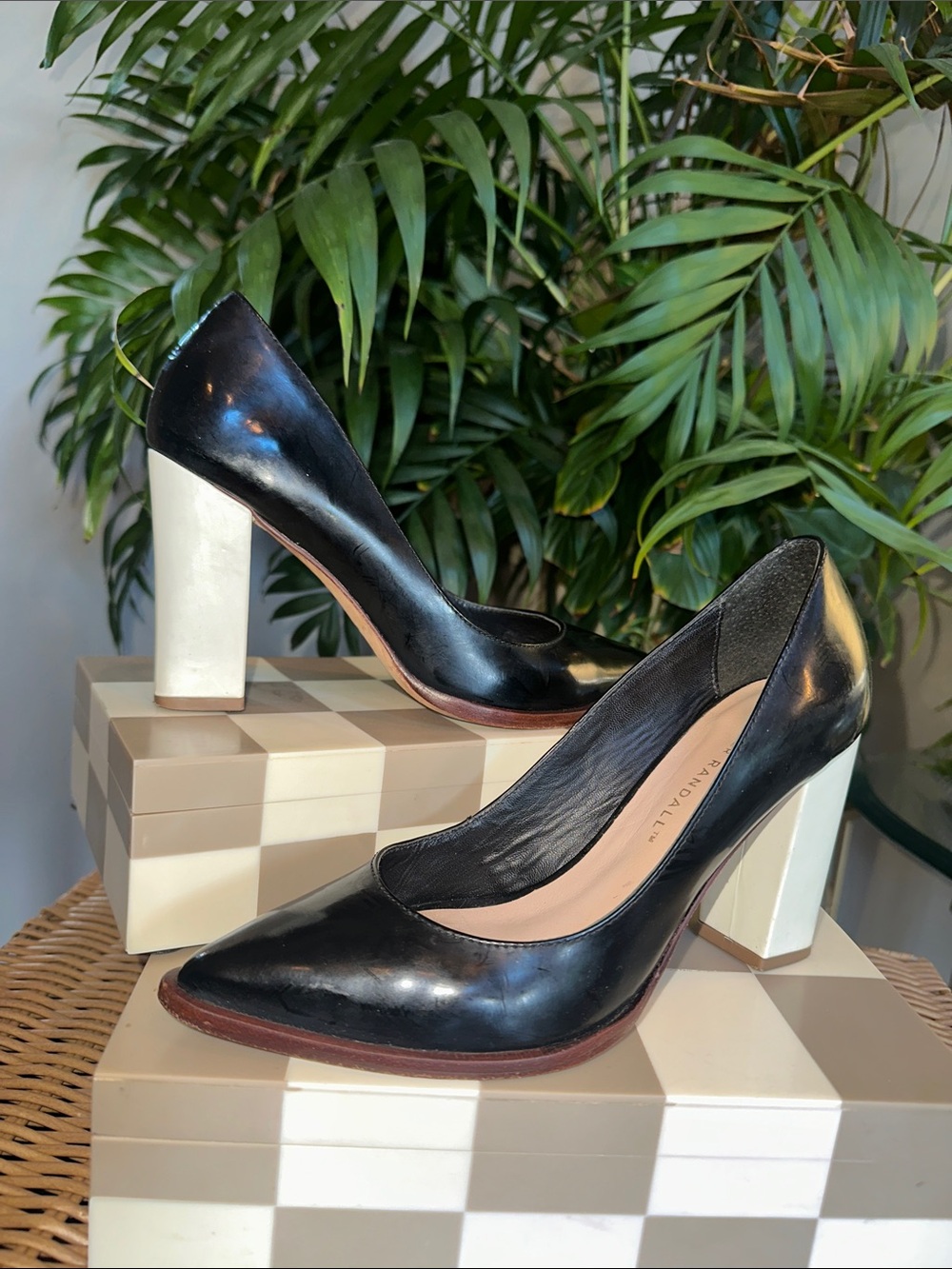 Loeffler Randall Black Leather Pumps with White Block Heels
